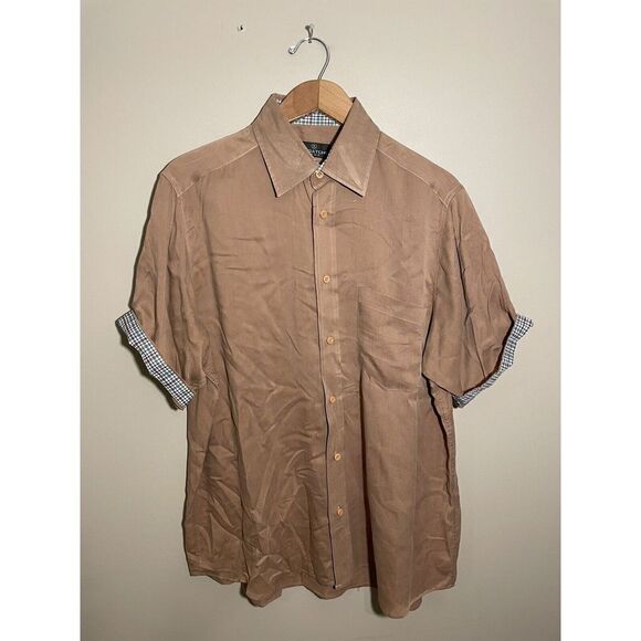 Bugatchi Woven Button Shirt Men’s Medium Short Sleeve Twill Tan Pocket Minimal - Picture 2 of 7